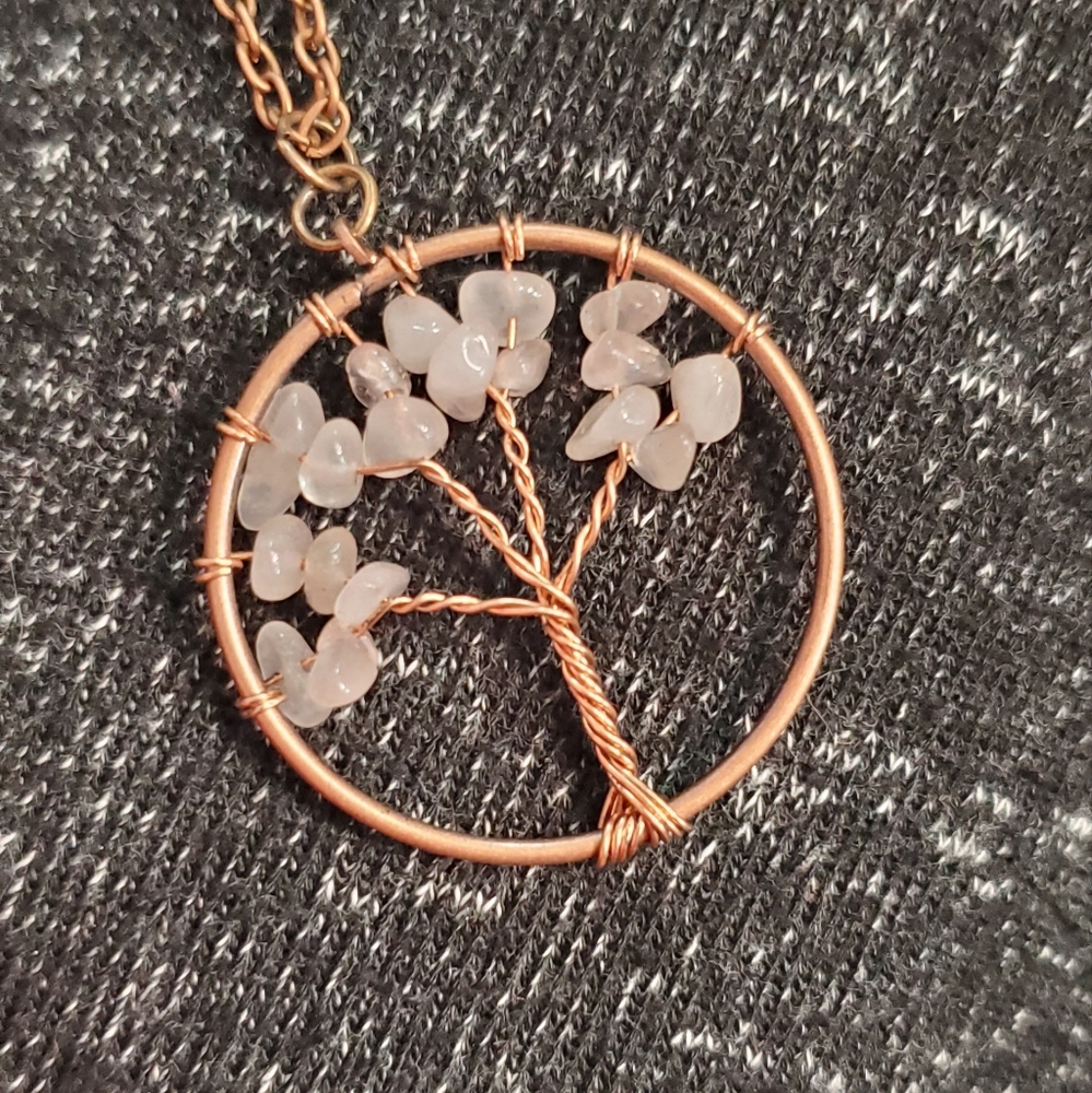 NEW! Tree Of Life Natural Rose Quartz Stone Chip Necklace